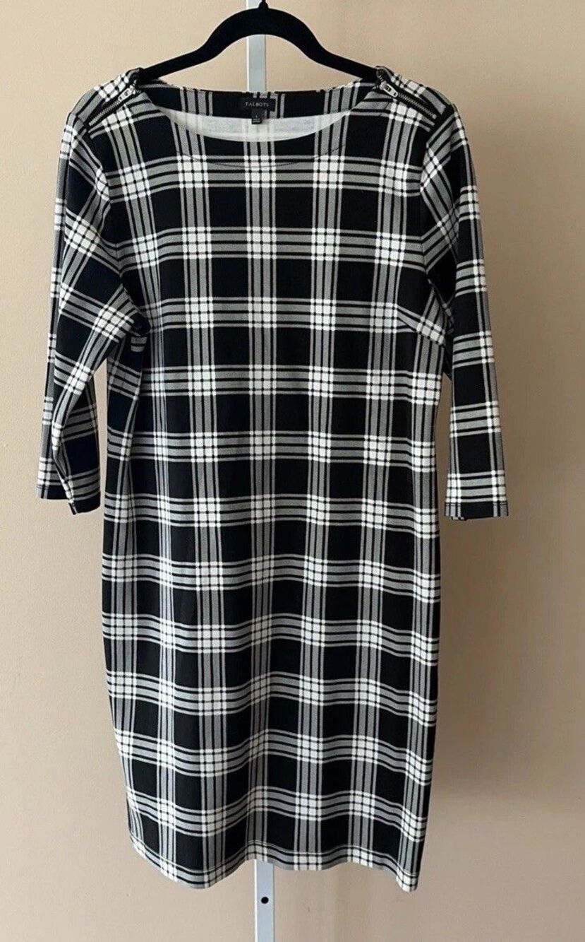 Talbots Dress Women Large Black White Plaid Cottage Praire Country Shift Zipper